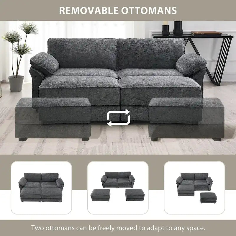 Ensemble canapé-lit sectionnel modulable convertible à combinaison libre 4 places rembourré, assise profonde, ottoman, gris