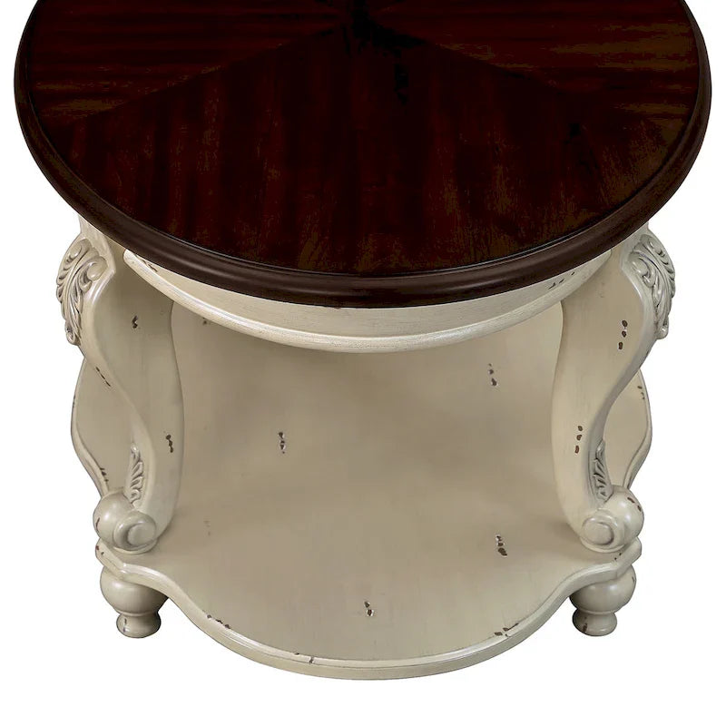 Table d'appoint ronde rétro 22, table d'appoint de canapé en bois massif avec étagère, table de coin de salon facile à assembler