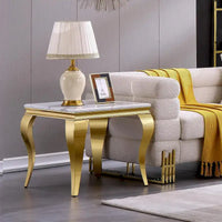 Table d'appoint blanche et or avec pieds cabrioles en or poli