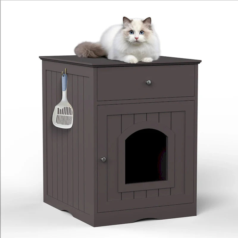 Maisonnette pour animaux en bois avec bac à litière et tiroir, table d'appoint, caisse de transport intérieure pour chat, niche pour chat (marron)