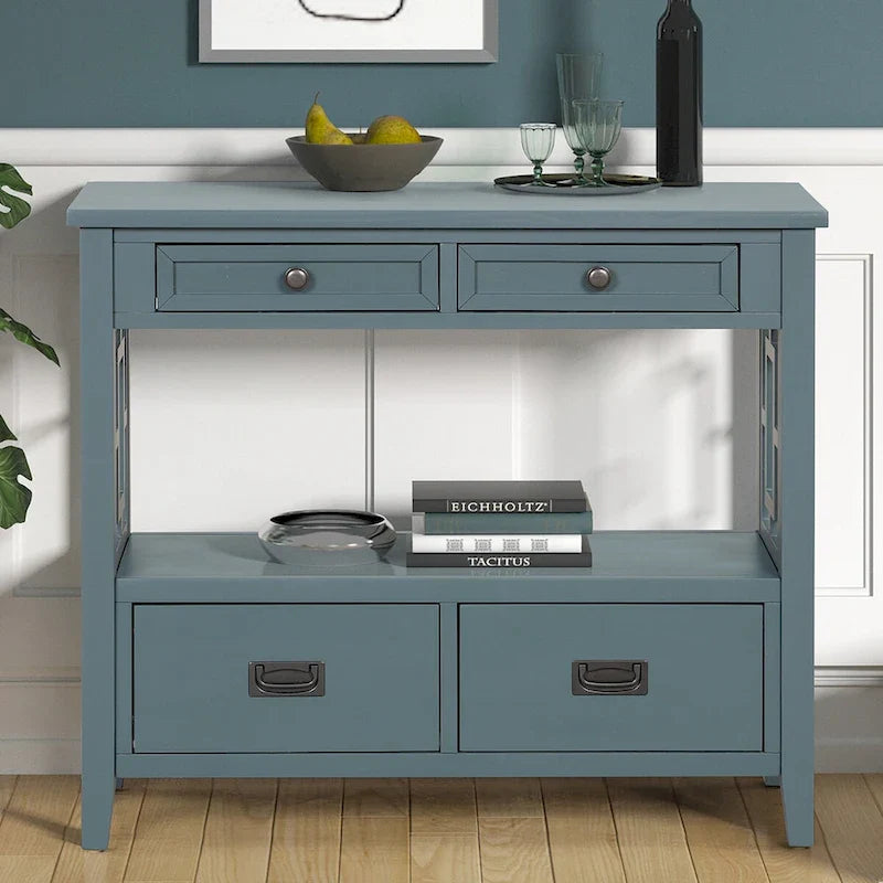 Table console de 36 po en pin de style rustique pour entrée de canapé avec 4 tiroirs et 1 étagère de rangement