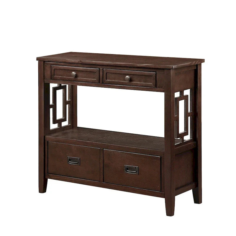 Table console de 36 po en pin de style rustique pour entrée de canapé avec 4 tiroirs et 1 étagère de rangement