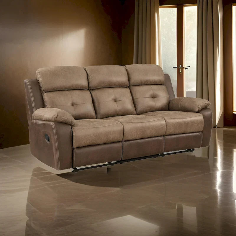 Canapé inclinable double manuel Emma de 84 pouces, microfibre marron doux, bois massif