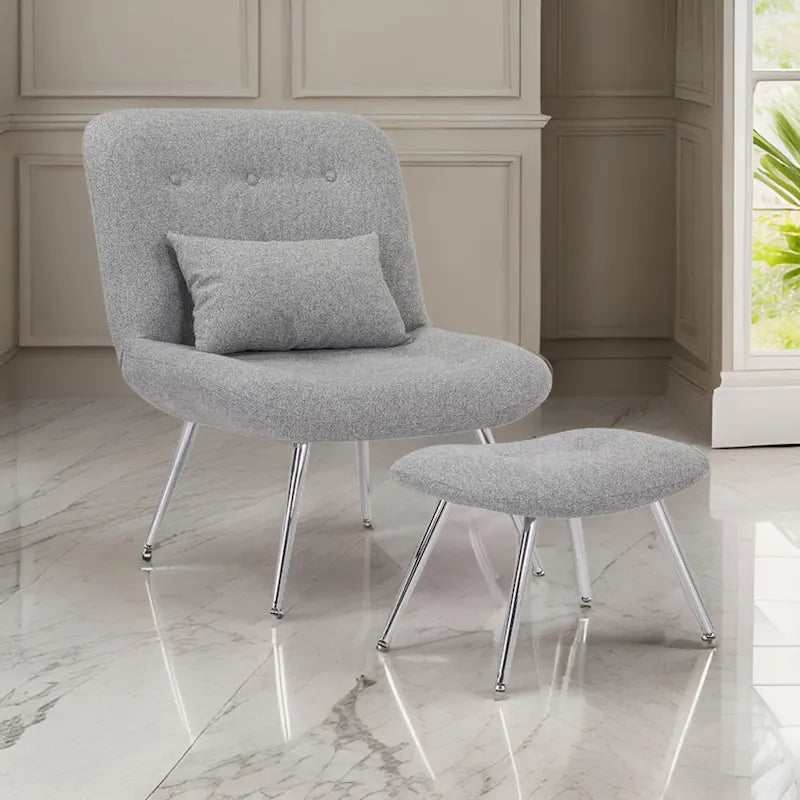 Ensemble 2 Pièces Fauteuil Lounge et Pouf Moderne Lea, Tapisserie Tissée Grise, Chrome