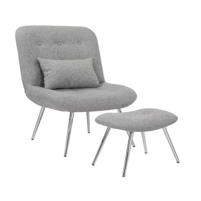 Ensemble 2 Pièces Fauteuil Lounge et Pouf Moderne Lea, Tapisserie Tissée Grise, Chrome