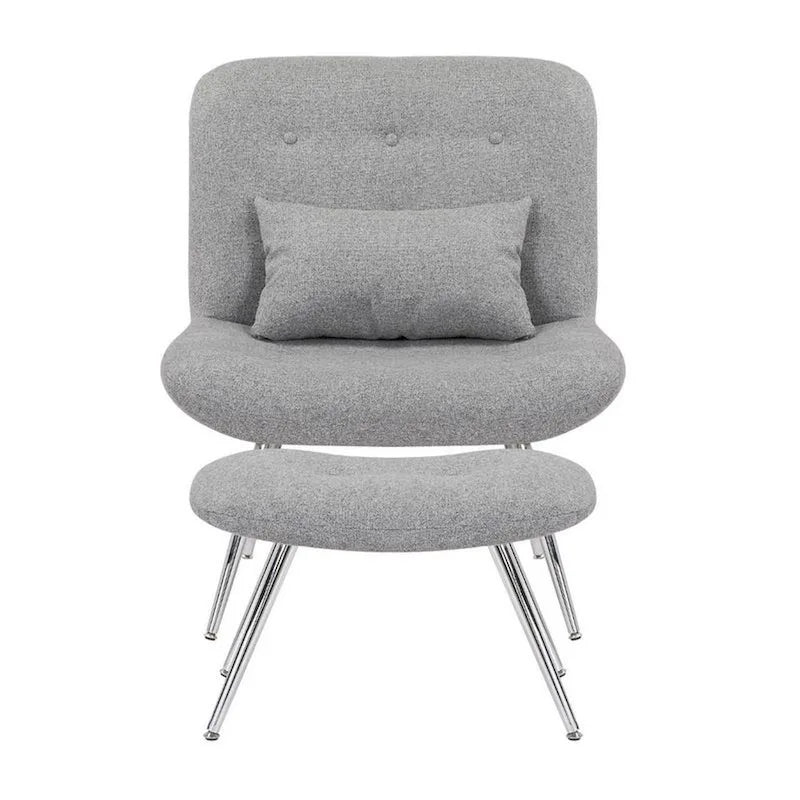 Ensemble 2 Pièces Fauteuil Lounge et Pouf Moderne Lea, Tapisserie Tissée Grise, Chrome