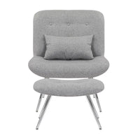 Ensemble 2 Pièces Fauteuil Lounge et Pouf Moderne Lea, Tapisserie Tissée Grise, Chrome