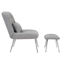 Ensemble 2 Pièces Fauteuil Lounge et Pouf Moderne Lea, Tapisserie Tissée Grise, Chrome