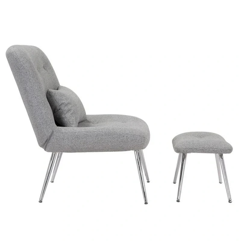Ensemble 2 Pièces Fauteuil Lounge et Pouf Moderne Lea, Tapisserie Tissée Grise, Chrome