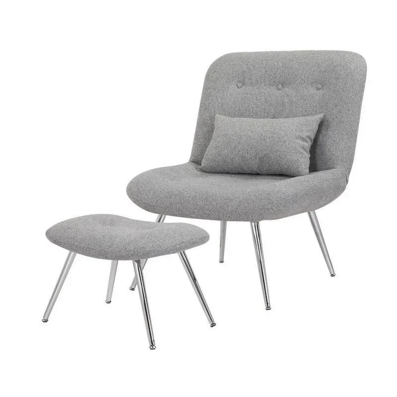 Ensemble 2 Pièces Fauteuil Lounge et Pouf Moderne Lea, Tapisserie Tissée Grise, Chrome