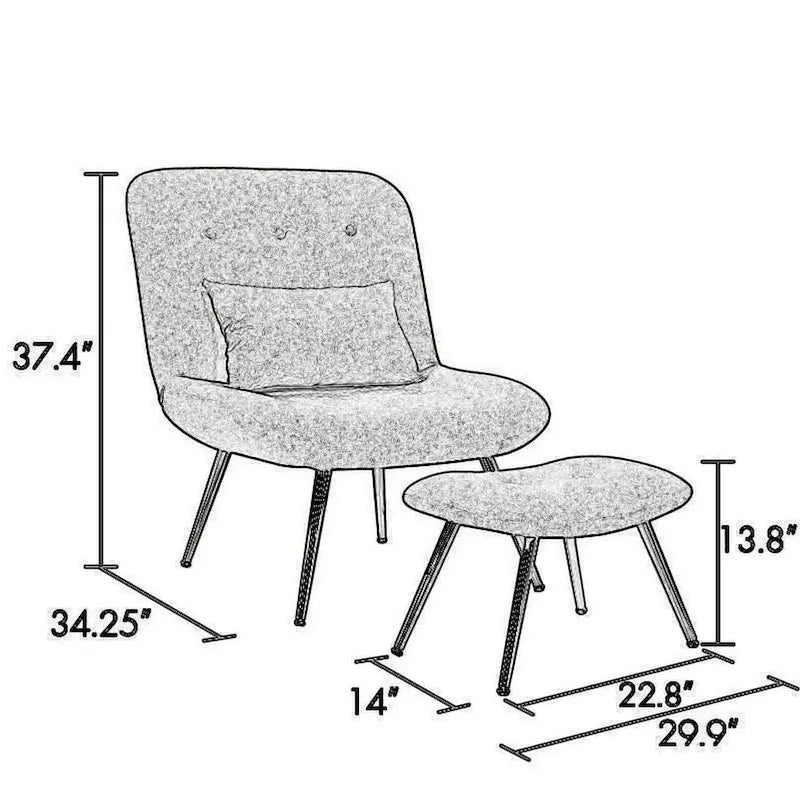 Ensemble 2 Pièces Fauteuil Lounge et Pouf Moderne Lea, Tapisserie Tissée Grise, Chrome