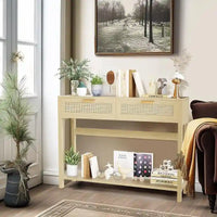 Console en rotin de style rustique, 39 tables d'appoint, table d'entrée étroite en bois bohème rustique avec tiroirs et étagère de rangement