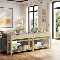 Console en rotin de style rustique, 39 tables d'appoint, table d'entrée étroite en bois bohème rustique avec tiroirs et étagère de rangement
