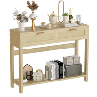 Console en rotin de style rustique, 39 tables d'appoint, table d'entrée étroite en bois bohème rustique avec tiroirs et étagère de rangement