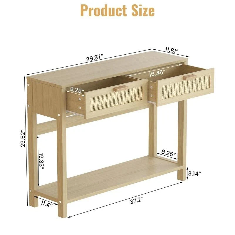Console en rotin de style rustique, 39 tables d'appoint, table d'entrée étroite en bois bohème rustique avec tiroirs et étagère de rangement