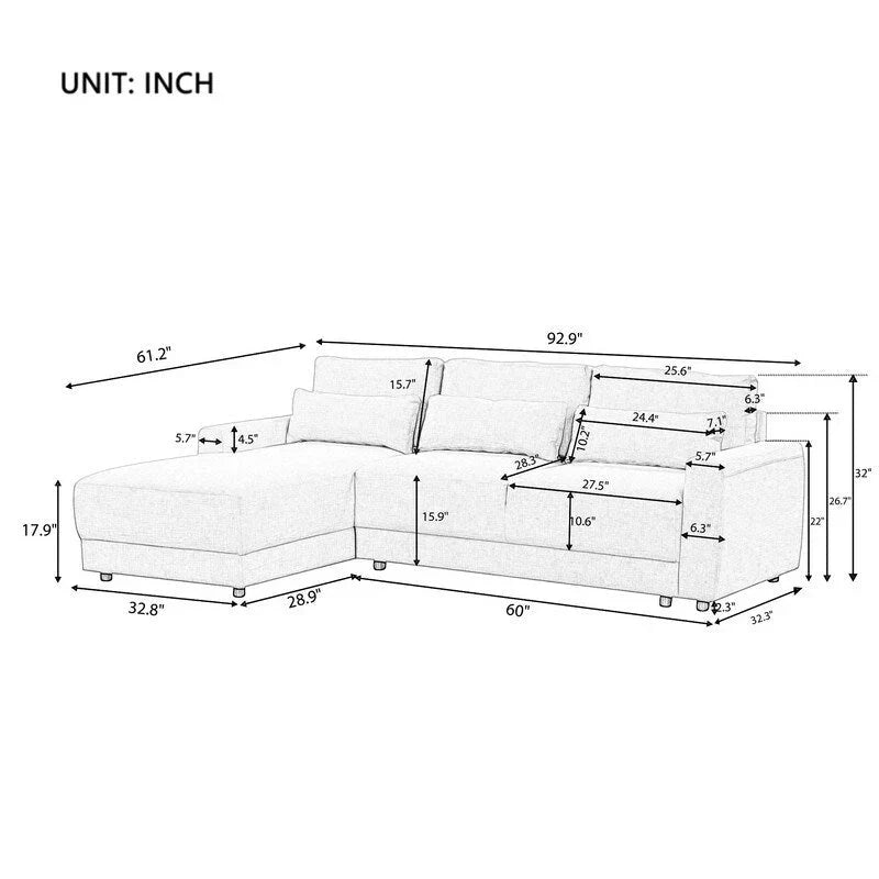 Canapé Sectionnel Modulable Forme L 92.9 pouces de large avec Coussins et 3 Oreillers