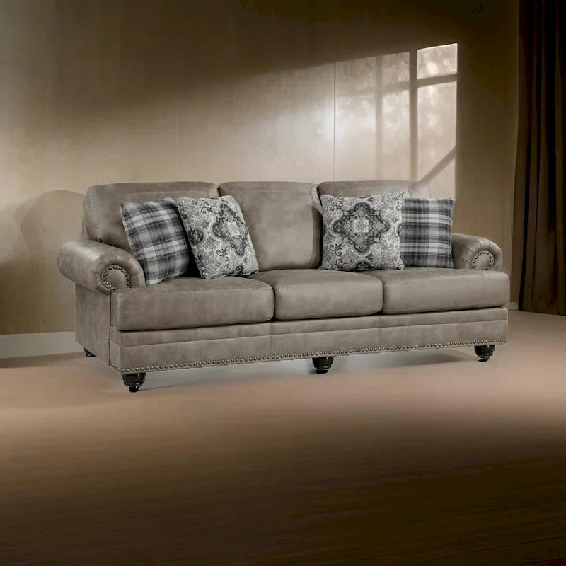 Canapé Jade 98 po, microfibre brun taupe, 4 oreillers, coussins moelleux, bois