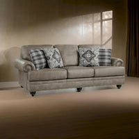 Canapé Jade 98 po, microfibre brun taupe, 4 oreillers, coussins moelleux, bois