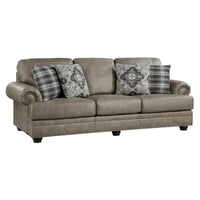 Canapé Jade 98 po, microfibre brun taupe, 4 oreillers, coussins moelleux, bois