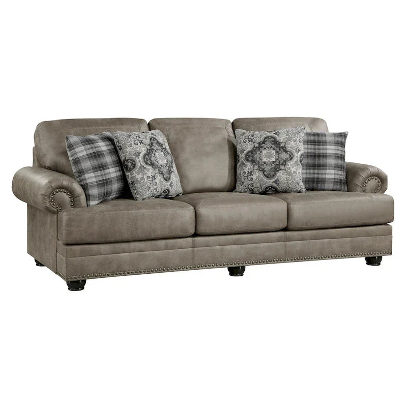 Canapé Jade 98 po, microfibre brun taupe, 4 oreillers, coussins moelleux, bois