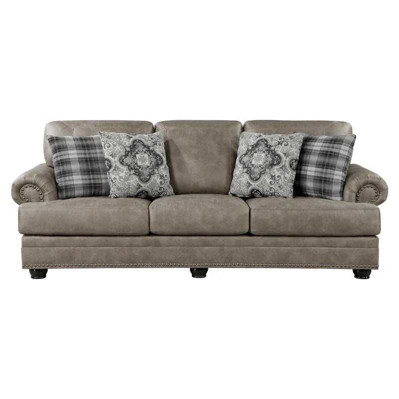 Canapé Jade 98 po, microfibre brun taupe, 4 oreillers, coussins moelleux, bois