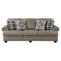 Canapé Jade 98 po, microfibre brun taupe, 4 oreillers, coussins moelleux, bois
