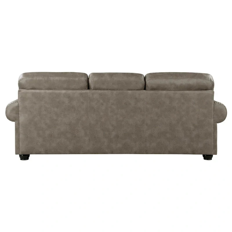 Canapé Jade 98 po, microfibre brun taupe, 4 oreillers, coussins moelleux, bois