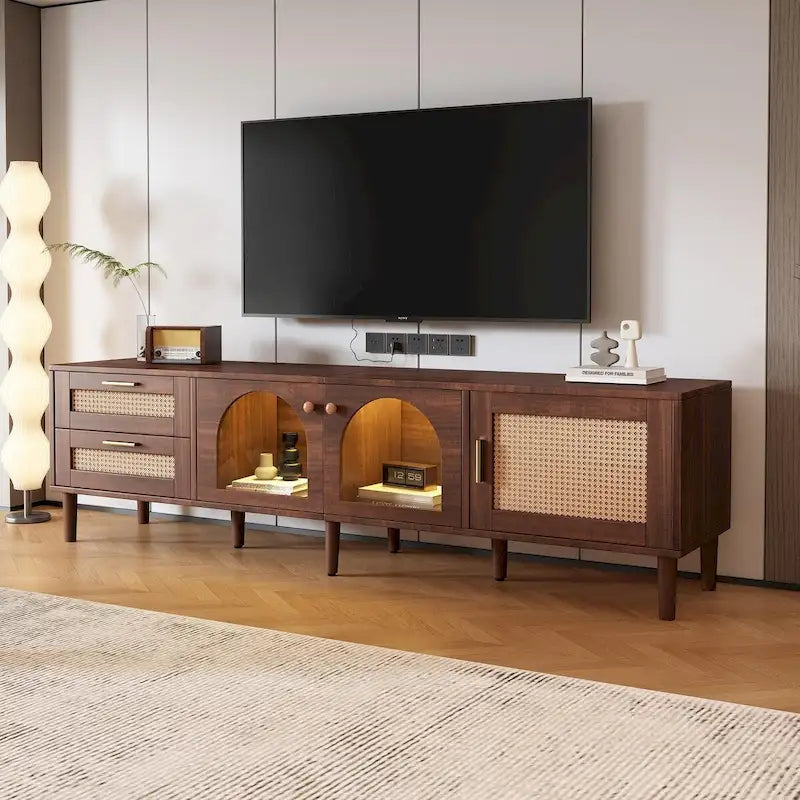 Meuble TV avec 3 Armoires et 2 Tiroirs, Table Console Média pour TV jusqu'à 80 pouces, Meuble TV avec Éclairage LED, Meuble TV