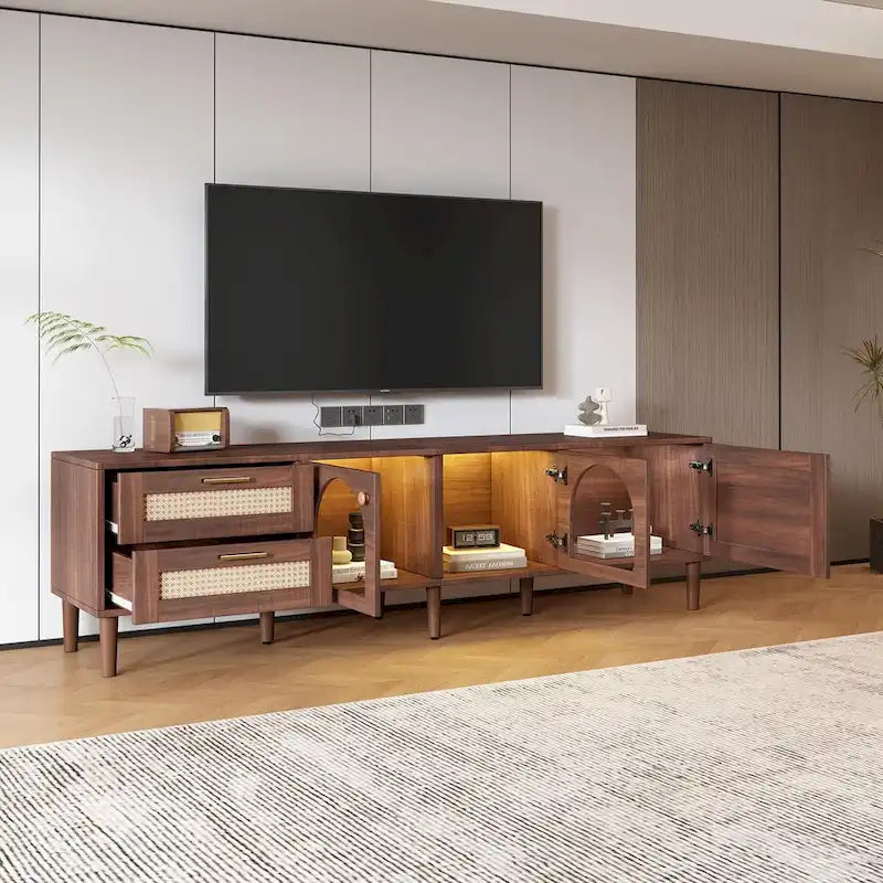 Meuble TV avec 3 Armoires et 2 Tiroirs, Table Console Média pour TV jusqu'à 80 pouces, Meuble TV avec Éclairage LED, Meuble TV