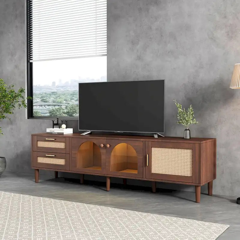 Meuble TV avec 3 Armoires et 2 Tiroirs, Table Console Média pour TV jusqu'à 80 pouces, Meuble TV avec Éclairage LED, Meuble TV
