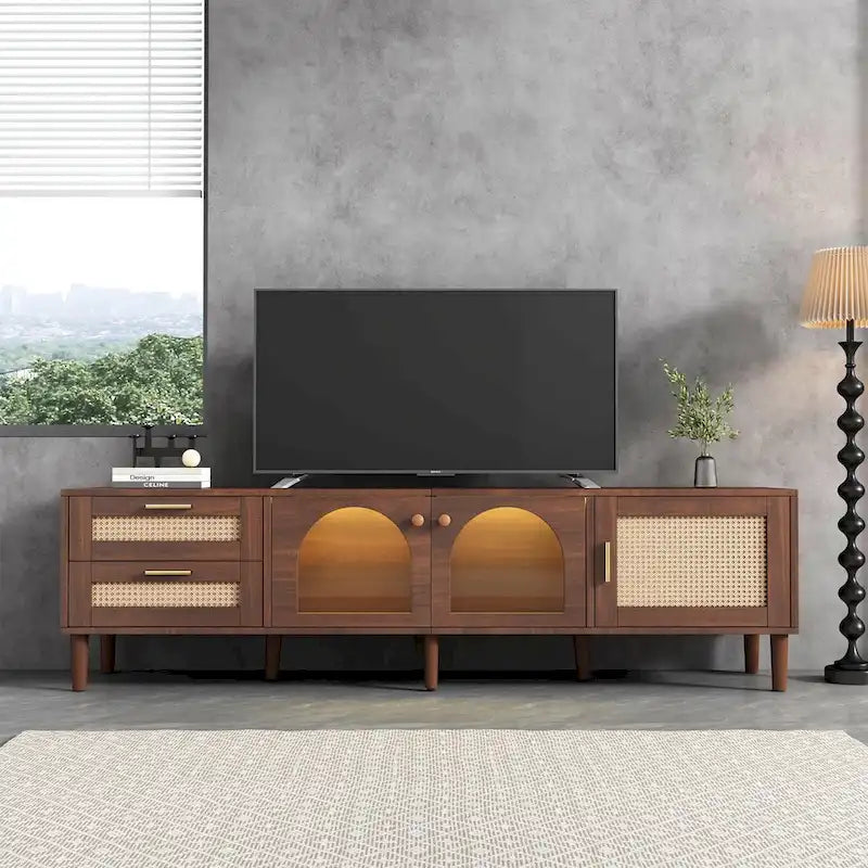 Meuble TV avec 3 Armoires et 2 Tiroirs, Table Console Média pour TV jusqu'à 80 pouces, Meuble TV avec Éclairage LED, Meuble TV