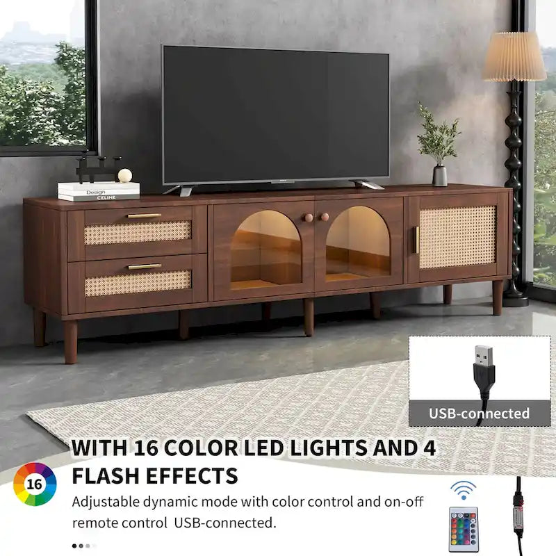 Meuble TV avec 3 Armoires et 2 Tiroirs, Table Console Média pour TV jusqu'à 80 pouces, Meuble TV avec Éclairage LED, Meuble TV