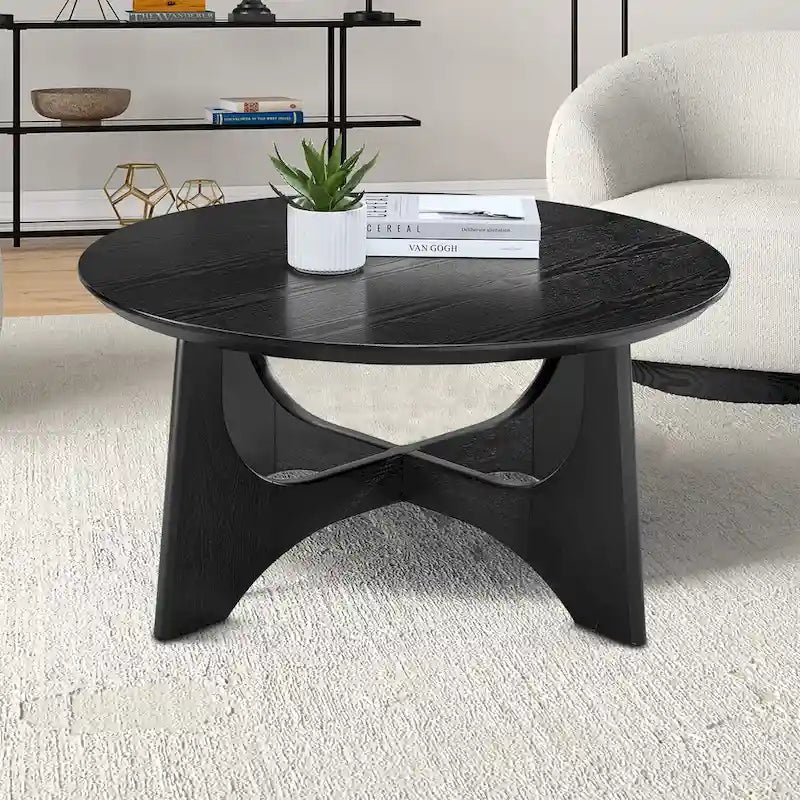 Table basse ronde en bois contemporaine et élégante avec pieds croisés attrayants
