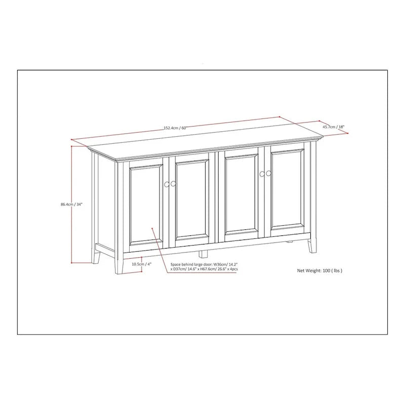 WYNDENHALL Halifax Armoire de rangement transitionnelle large en bois massif 66 po à 4 portes en brun hickory - 18p x 66l x 34h