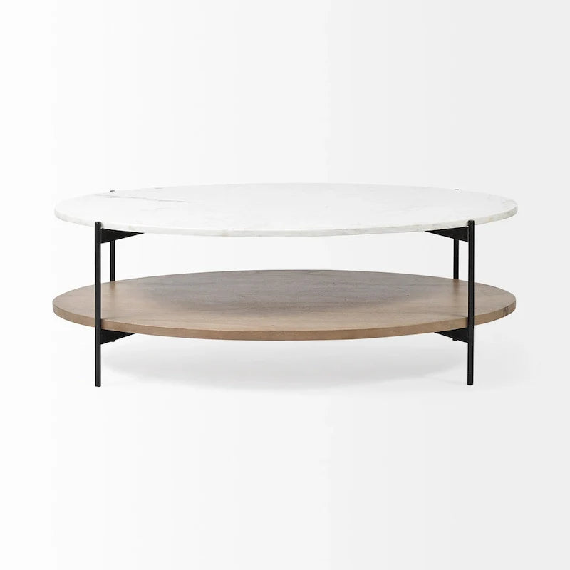HomeRoots Table basse ovale de 48 po en marbre véritable marron et noir et métal avec étagère - 30