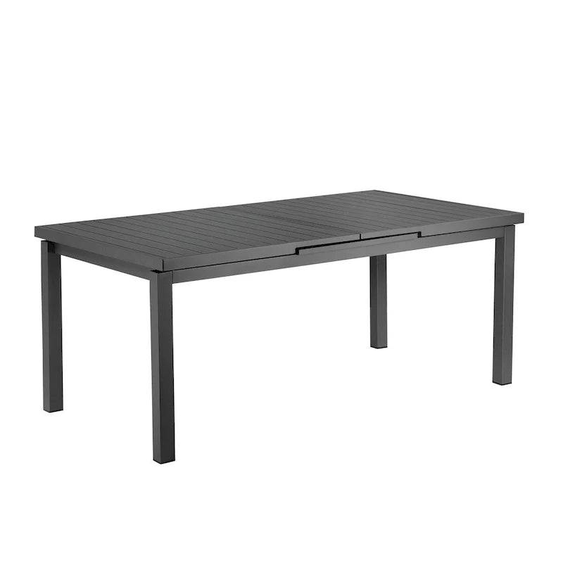 Table à manger extensible Meta de 95 pouces, cadre en aluminium gris, plateau à lattes