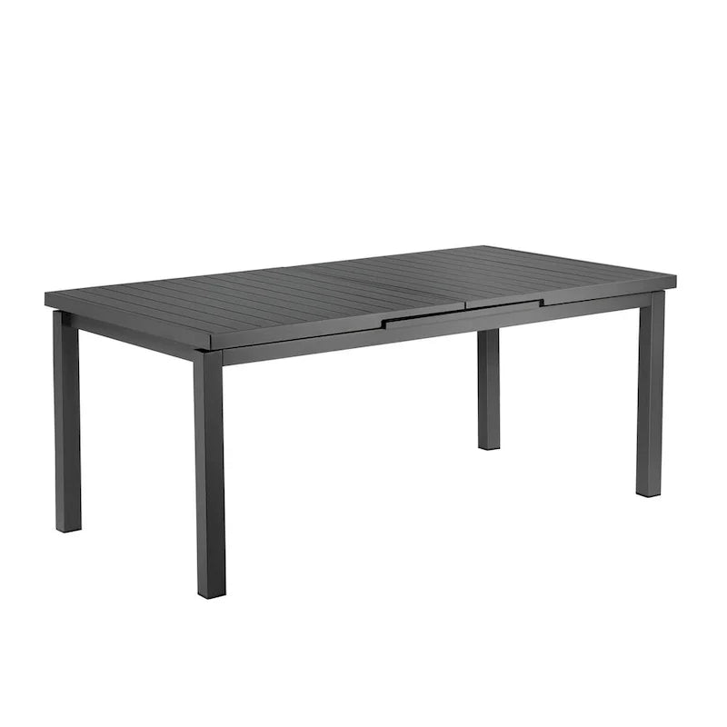 Table à manger extensible Meta de 95 pouces, cadre en aluminium gris, plateau à lattes
