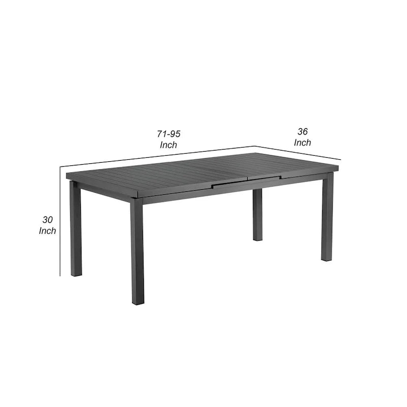 Table à manger extensible Meta de 95 pouces, cadre en aluminium gris, plateau à lattes