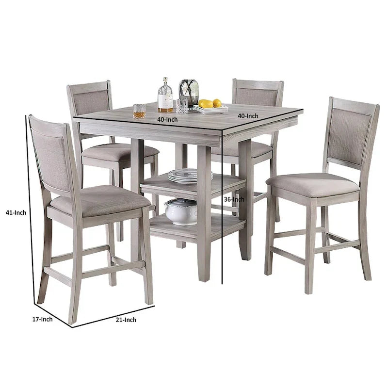 Ensemble de salle à manger 5 pièces hauteur comptoir, table et 4 chaises, sièges rembourrés, gris