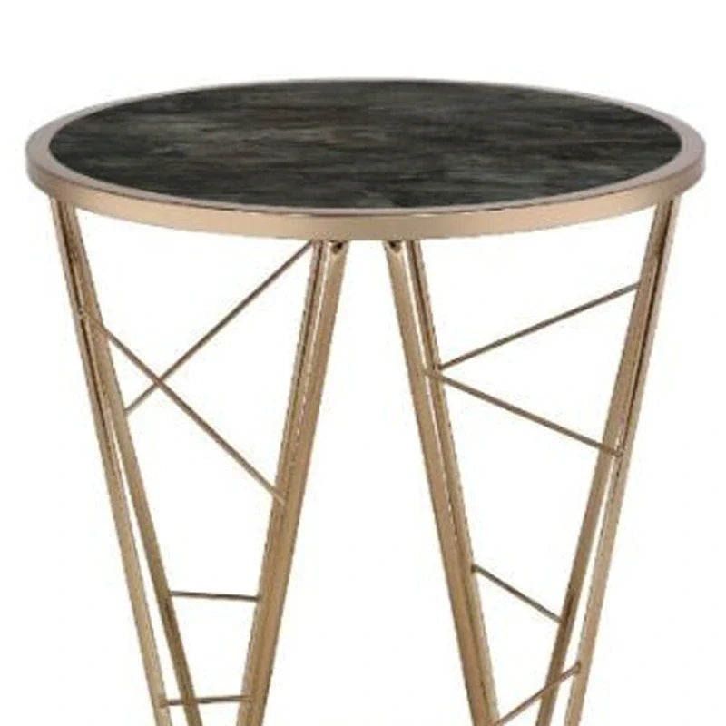 Table d'appoint ronde HomeRoots 24 en verre et métal imitation marbre champagne et noir - 22' X '24' X '22