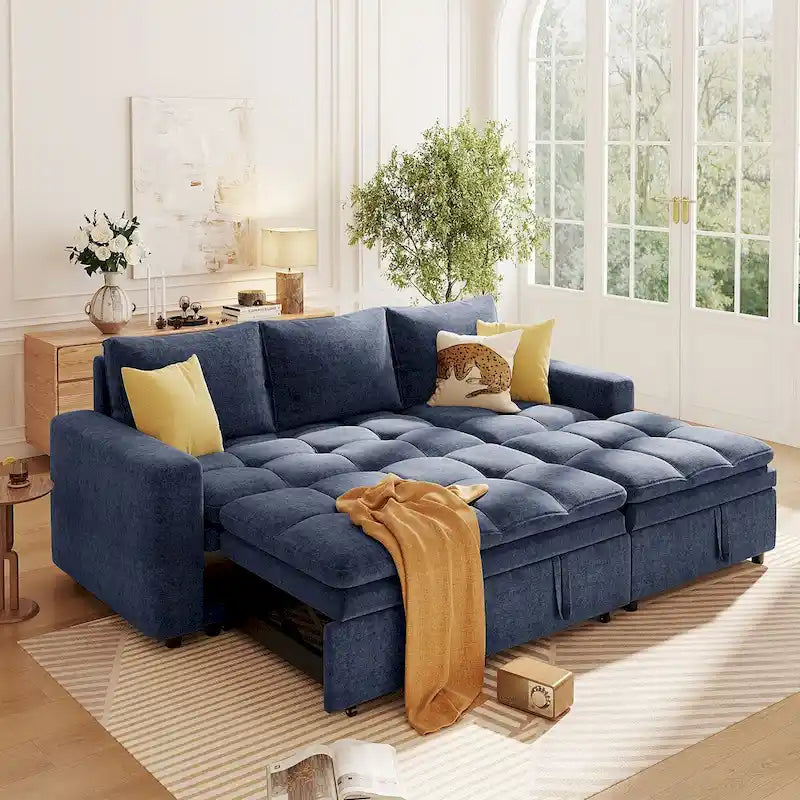 Canapé-lit sectionnel bleu en forme de L avec rangement, tissu chenille doux