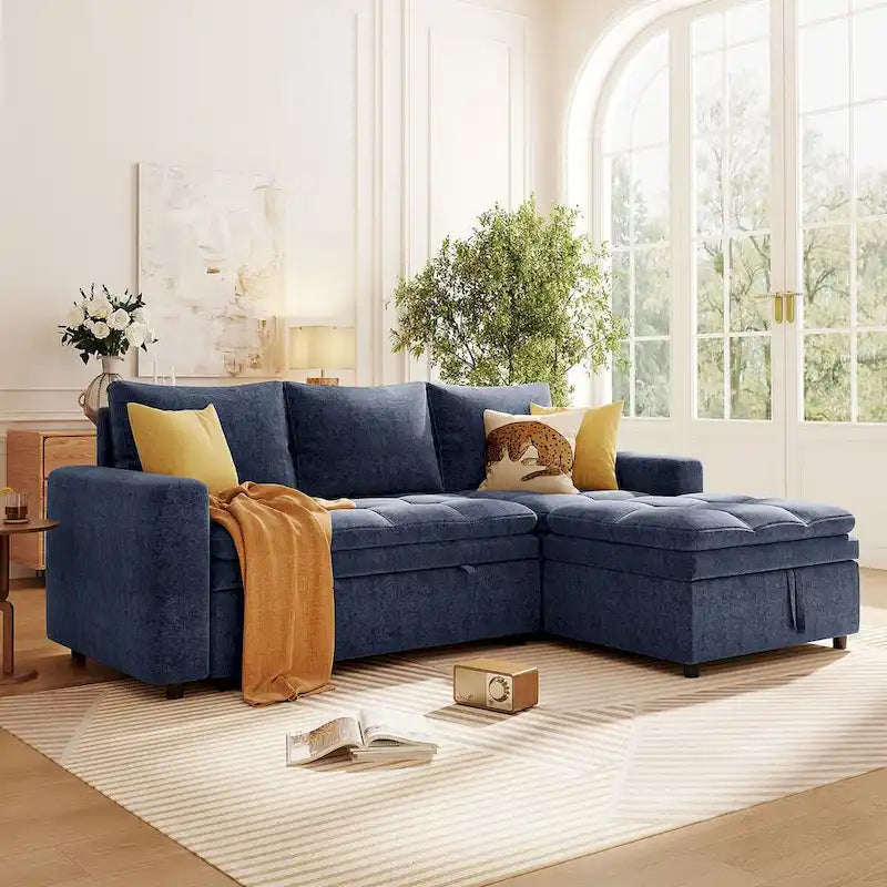 Canapé-lit sectionnel bleu en forme de L avec rangement, tissu chenille doux