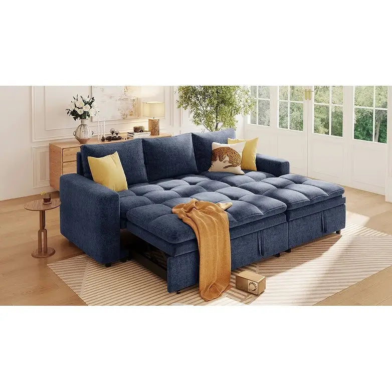 Canapé-lit sectionnel bleu en forme de L avec rangement, tissu chenille doux