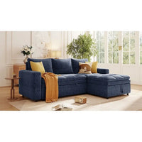 Canapé-lit sectionnel bleu en forme de L avec rangement, tissu chenille doux