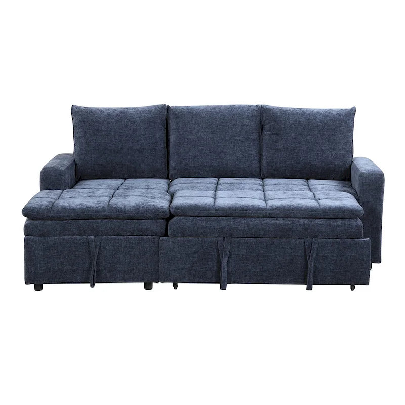 Canapé-lit sectionnel bleu en forme de L avec rangement, tissu chenille doux