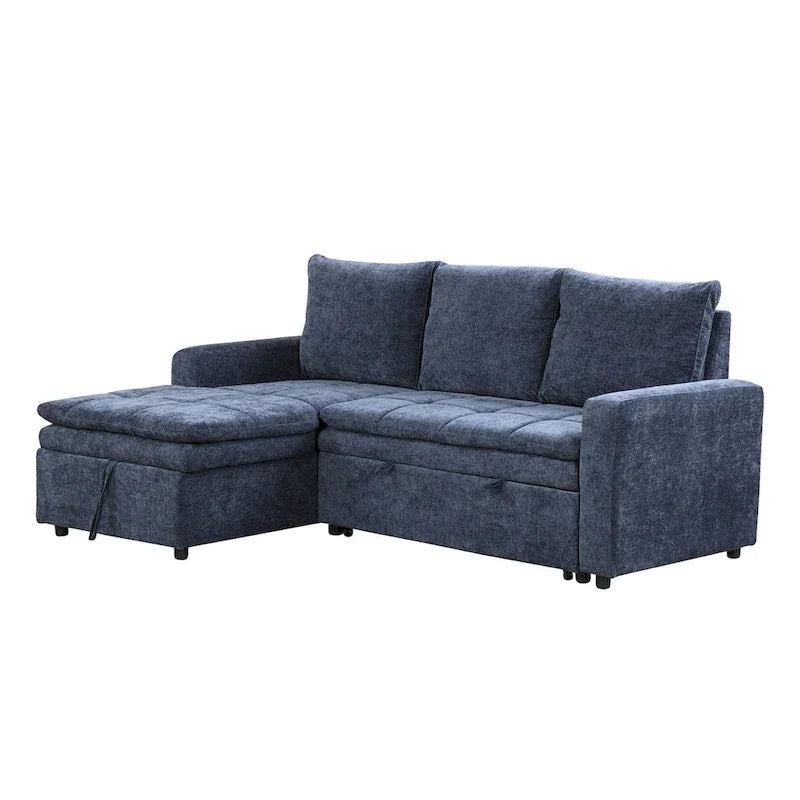 Canapé-lit sectionnel bleu en forme de L avec rangement, tissu chenille doux