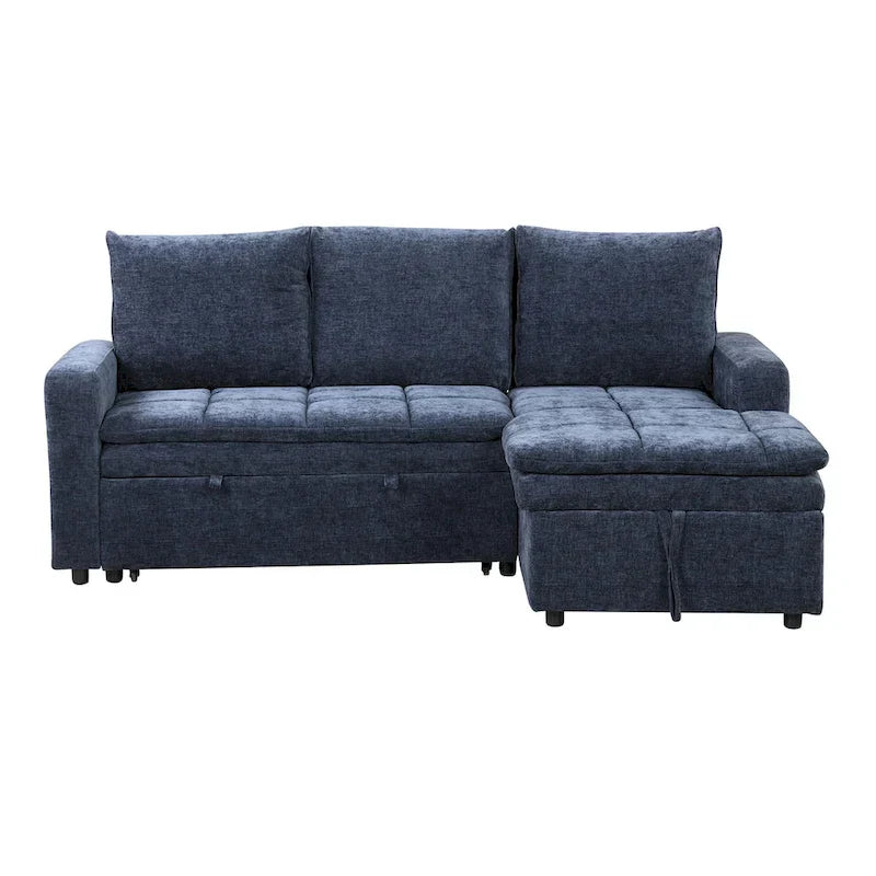 Canapé-lit sectionnel bleu en forme de L avec rangement, tissu chenille doux