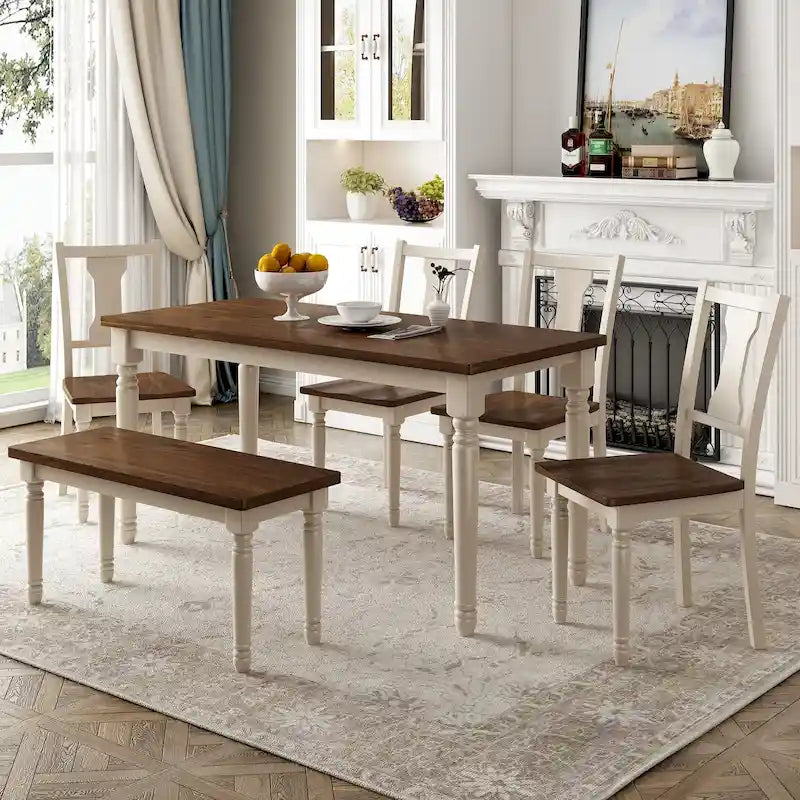 Ensemble de salle à manger classique 6 pièces, table en bois et 4 chaises avec banc