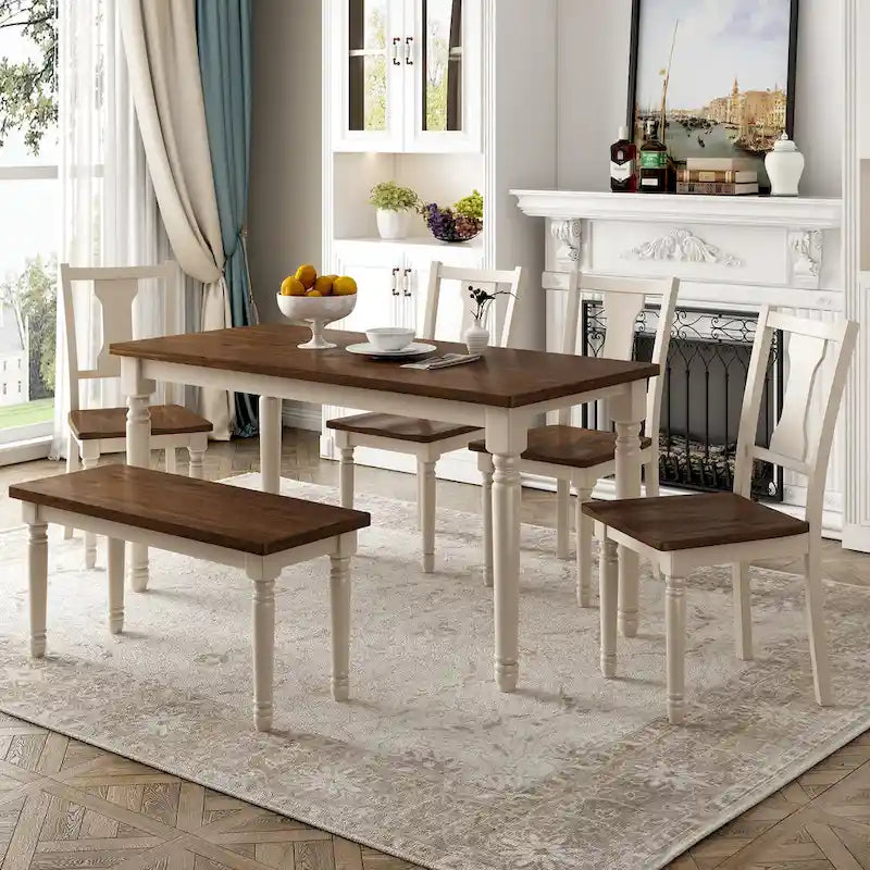 Ensemble de salle à manger classique 6 pièces, table en bois et 4 chaises avec banc