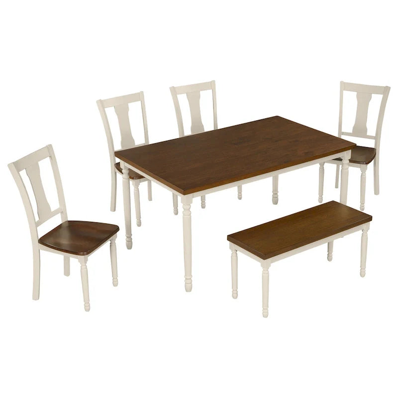 Ensemble de salle à manger classique 6 pièces, table en bois et 4 chaises avec banc